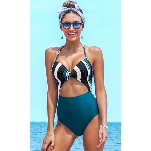 Striped One Piece Swimsuit Teal High Cut Out Backless Monokini Bathing Suit - Picture 1 of 10